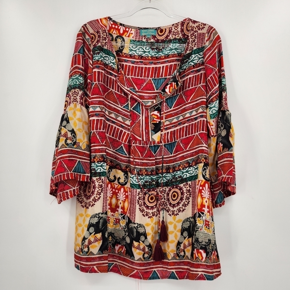 Antica Sartoria V Neck 3/4 Sleeve Printed Boho Top L/XL Red Multicolor